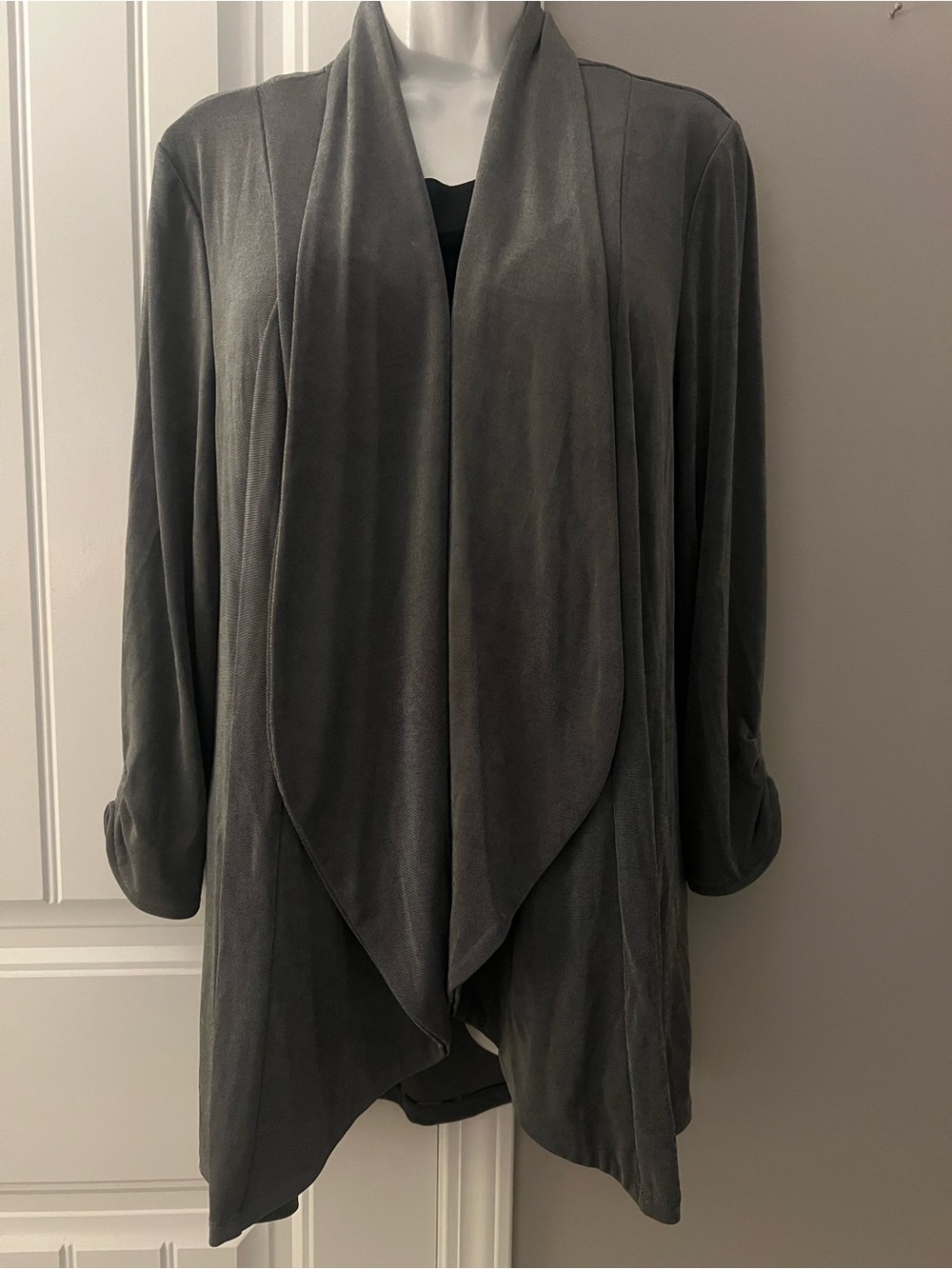 CHICOS TRAVELERS DRAPE ASYMMETRICAL PLACKET RUCHED ELBOW JACKET SZ 2/L/12-14
